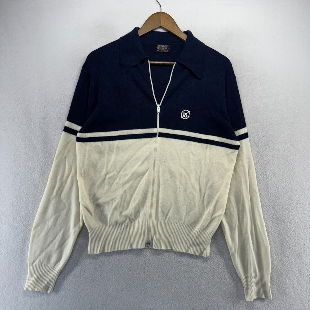Vintage JCpenney Sweater Men's Large White Blue Zip Cardigan Point Collar 70s